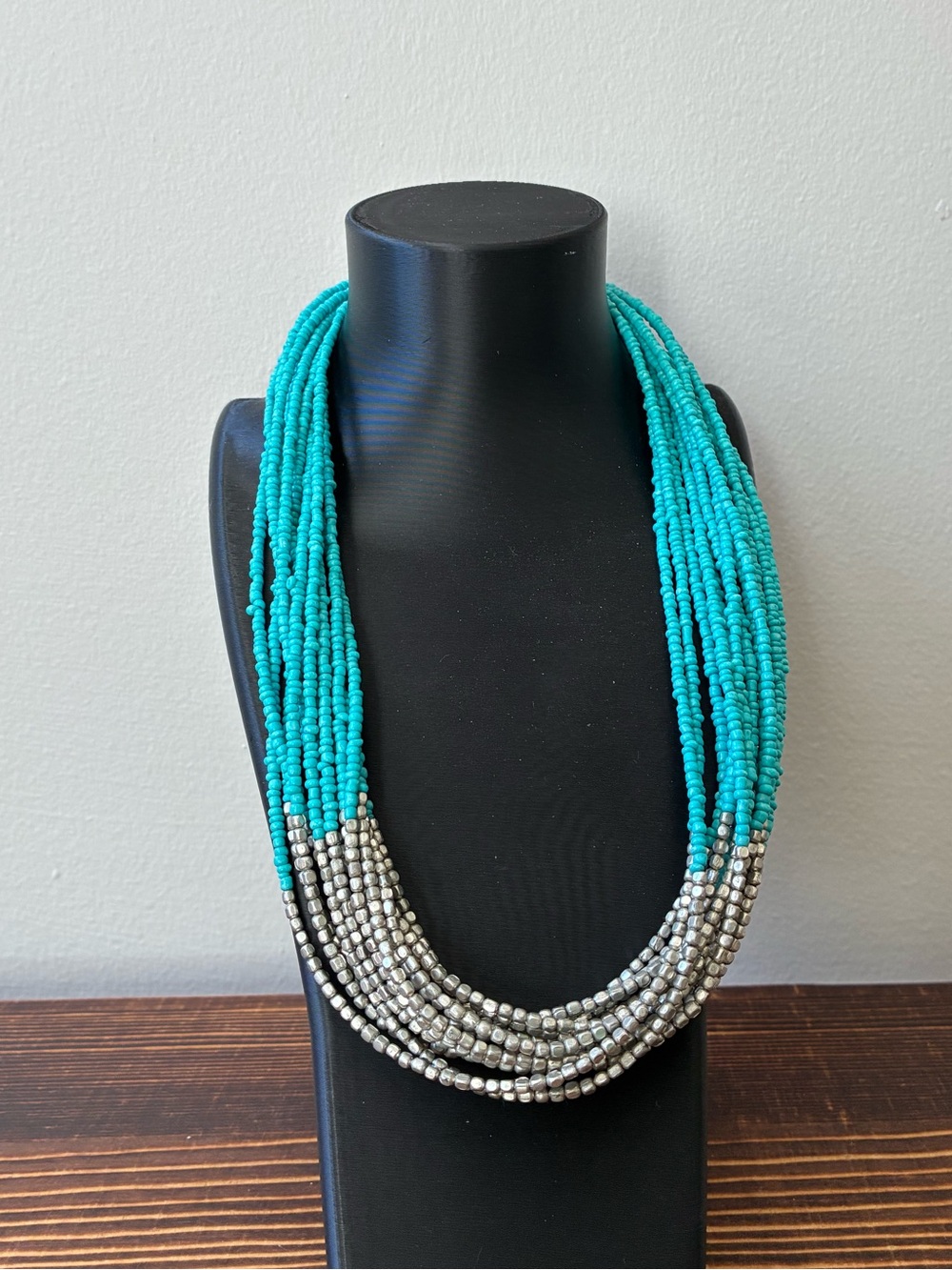 Turquoise Color And Silver Multi Layer Beaded Necklace
